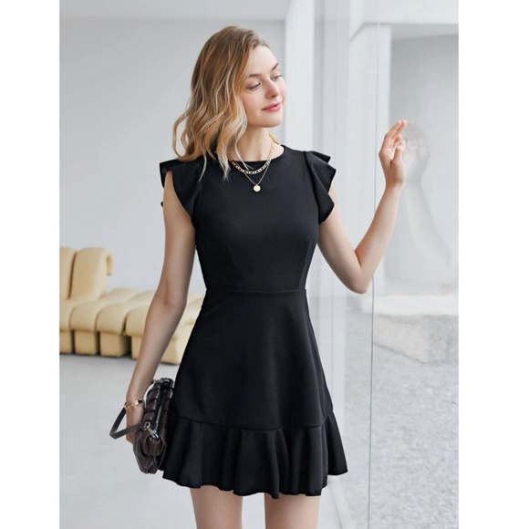 Black Ruffle Trim Short Dress - Picture 4 of 8